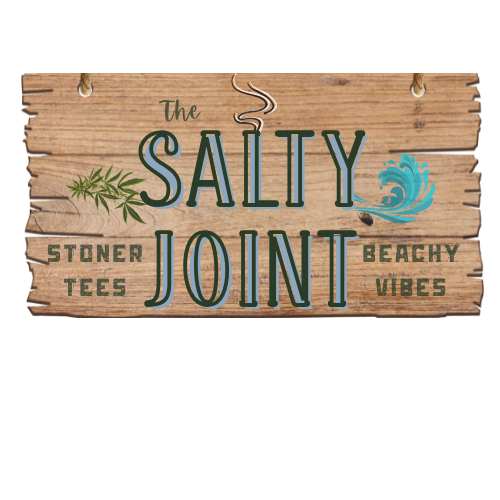 Wooden sign logo of The Salty Joint, offering beachy and stoner clothing like weed Tshirts, cannabis Tees, stoner T-shirts.